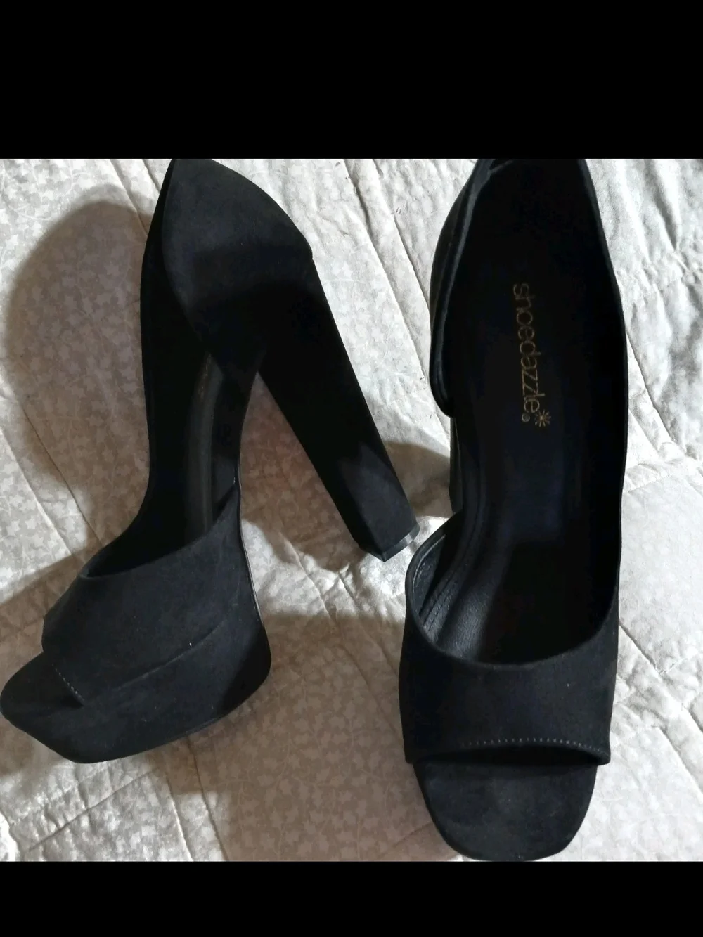 Shoe Dazzle Black Suede Platform Peep-Toe Heels Sz 6.5
